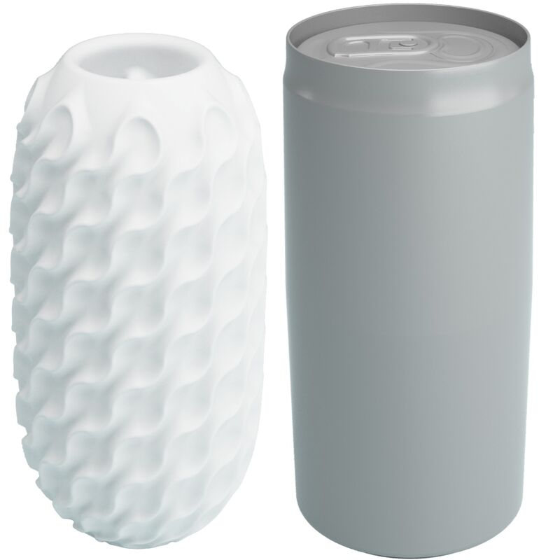 Masturbateur oeuf Fantasy Ball blanc à reliefs ondulés et son étui cannette gris refermable, format discret et nomade en TPR souple pour homme.