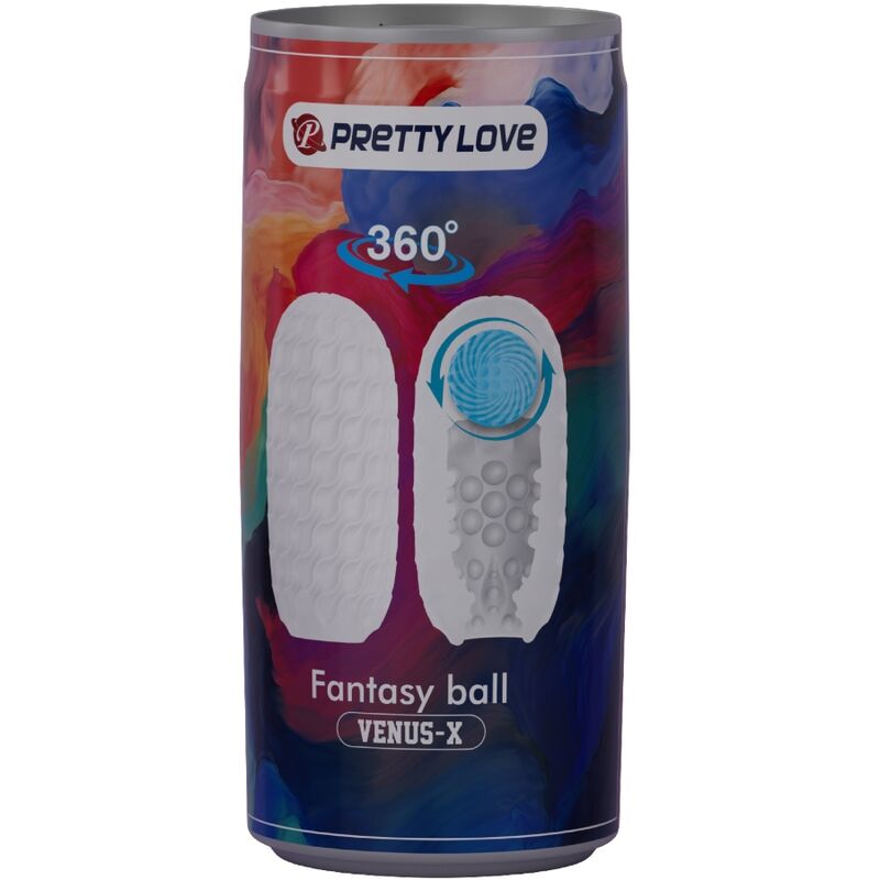 Boite cannette Fantasy Ball Venus-X Pretty Love, packaging coloré illustrant la gaine blanche à picots et le mouvement rotatif 360 degrés du masturbateur.