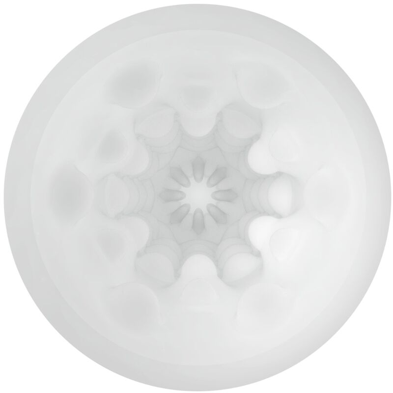 Vue de dessus de l'entrée du masturbateur Fantasy Ball blanc, tunnel TPR en étoile à reliefs souples et picots stimulants, matière bodysafe extensible.