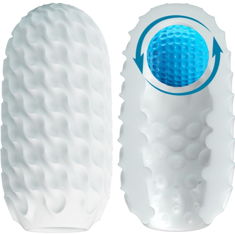 Masturbateur oeuf Fantasy Ball blanc de face et en coupe, gaine TPR à picots avec boule magique rotative interne pour une stimulation 360 degrés en solo.
