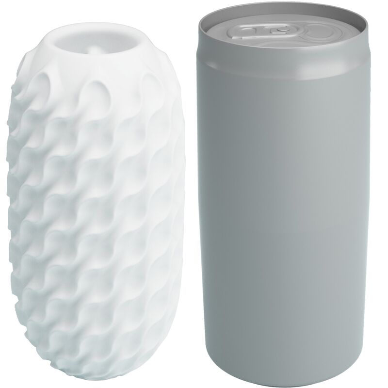 Masturbateur oeuf Wonder Ball blanc à picots et son étui cannette gris refermable, format discret et nomade en TPR souple pour le plaisir solo masculin.
