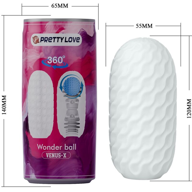 Boite cannette Wonder Ball Venus-X et schéma coté du masturbateur oeuf blanc, dimensions 140 mm et insert de 120 mm à texture ondulée en TPR souple.