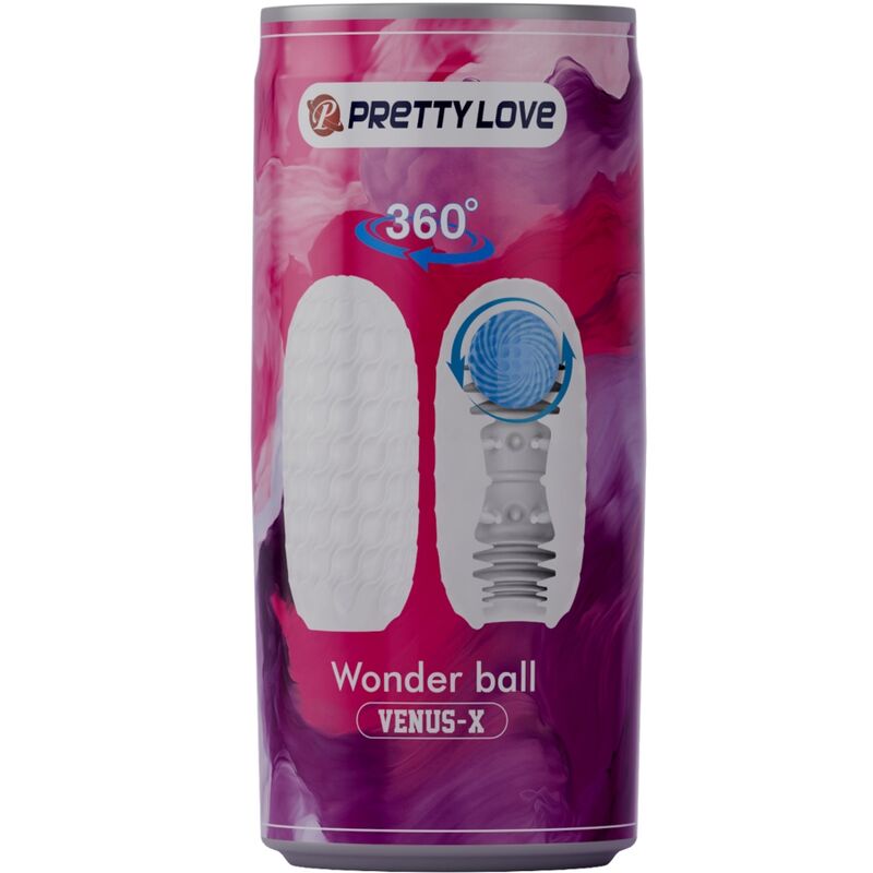 Boite cannette Wonder Ball Venus-X Pretty Love, packaging violet illustrant la gaine blanche texturée et la boule magique rotative 360 degrés du masturbateur.