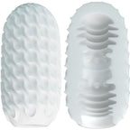Masturbateur oeuf Wonder Ball blanc de face et en coupe, gaine TPR à reliefs ondulés et tunnel interne texturé pour varier les sensations en solo.