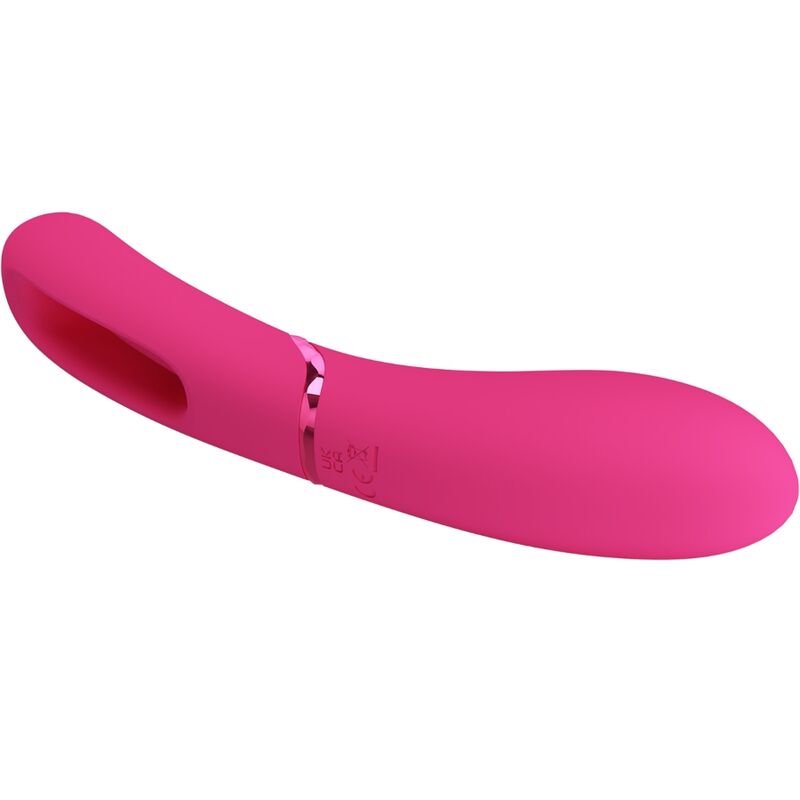 Vibromasseur point G rose vif couché de trois-quarts, tete a anse ouverte et corps fin en silicone velouté, mouvement viens-ici et vibration modulables