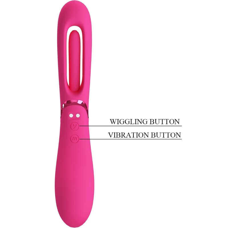 Vibromasseur point G rose vif vu de face avec legende des boutons ondulation et vibration, tete a boucle evidée en silicone, mouvement viens-ici rechargeable