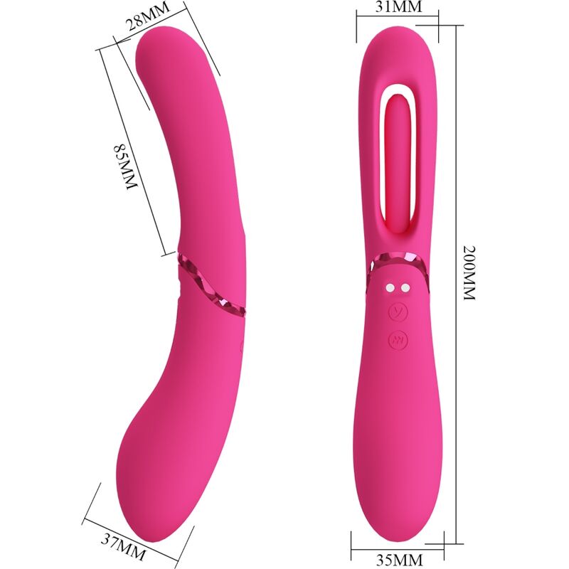 Schema coté du vibromasseur point G rose vif avec cotes 28 mm, 31 mm, 85 mm, 35 mm, 37 mm et 200 mm, tete a anse ouverte en silicone, mouvement viens-ici