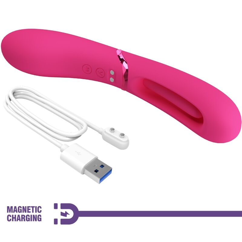 Vibromasseur point G rose vif couché presenté avec son cable de charge magnetique USB, tete a anse evidée en silicone, mouvement viens-ici rechargeable