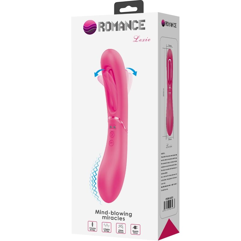Boite Romance Luxie du vibromasseur point G rose vif, visuel produit en silicone a tete evidée, flèches de mouvement viens-ici, mind-blowing miracles