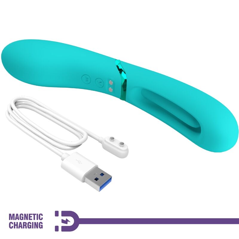 Vibromasseur turquoise couché presenté avec son cable de charge magnetique USB, tete a anse ouverte et corps en silicone, double stimulation rechargeable