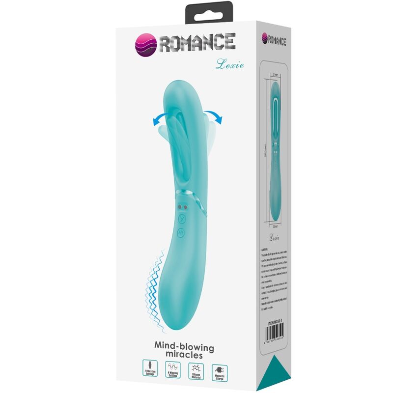 Boite Romance Luxie du vibromasseur turquoise a double stimulation, visuel produit en silicone et tete a anse, mention mind-blowing miracles, recharge magnetique