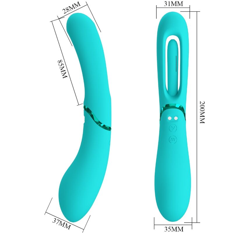 Schema coté du vibromasseur turquoise avec cotes 28 mm, 31 mm, 65 mm, 35 mm, 37 mm et 200 mm, tete a anse ouverte en silicone, double stimulation