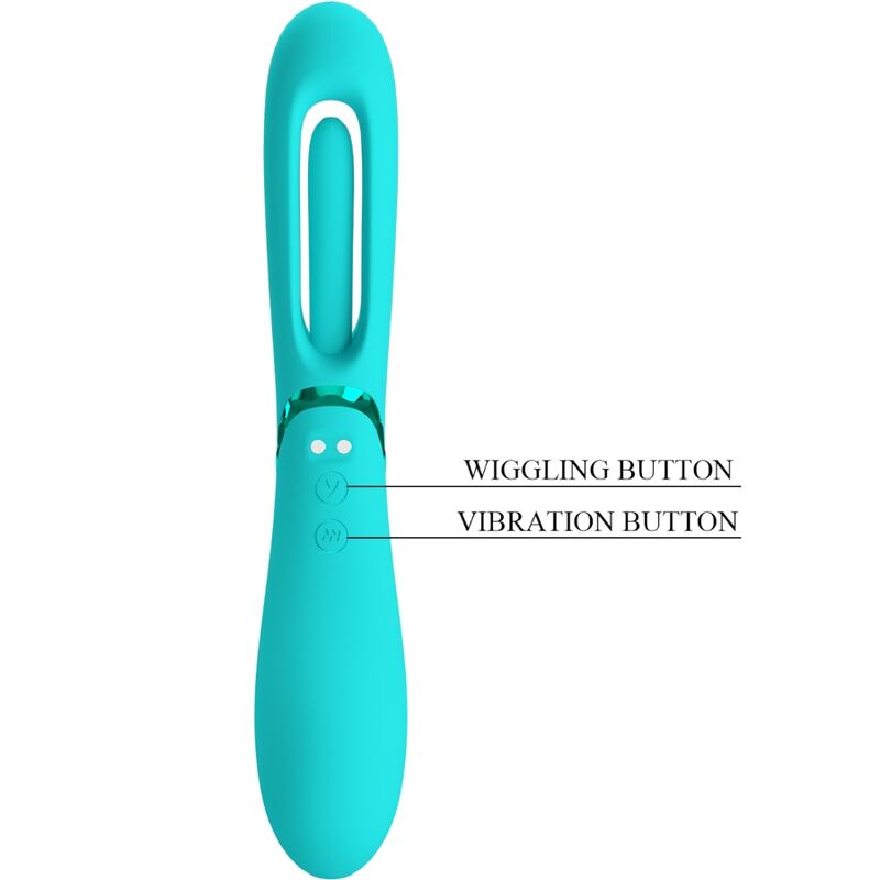 Vibromasseur turquoise de face avec legende des boutons ondulation et vibration, tete a boucle ouverte et corps en silicone, double stimulation rechargeable