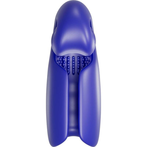 Masturbateur masculin SVibe violet vu de face, ouverture texturee a picots dans une coque escargot, silicone souple etanche avec moteurs vibrants, forme stylisee non anatomique.