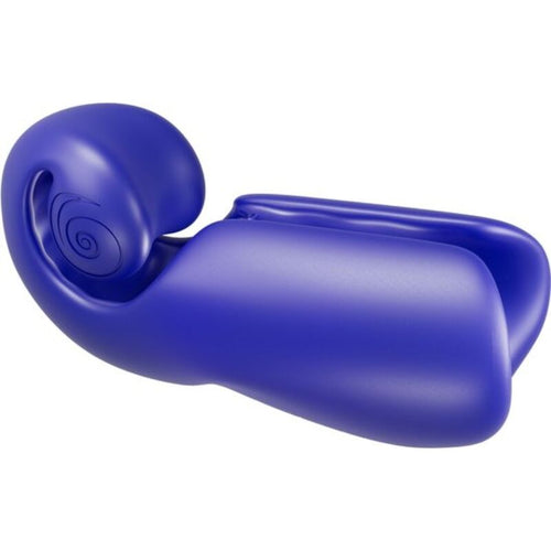 Masturbateur masculin SVibe violet vu de trois quarts, manchon ouvert en forme de coquille escargot stylisee, silicone doux vibrant et etanche, design fantaisie non realiste.