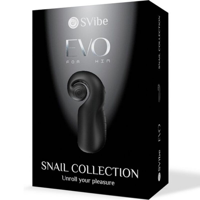 Boite EVO For Him Snail Collection de SVibe en noir, packaging illustrant le masturbateur en coque escargot, silicone vibrant, presentation produit sans visuel anatomique.