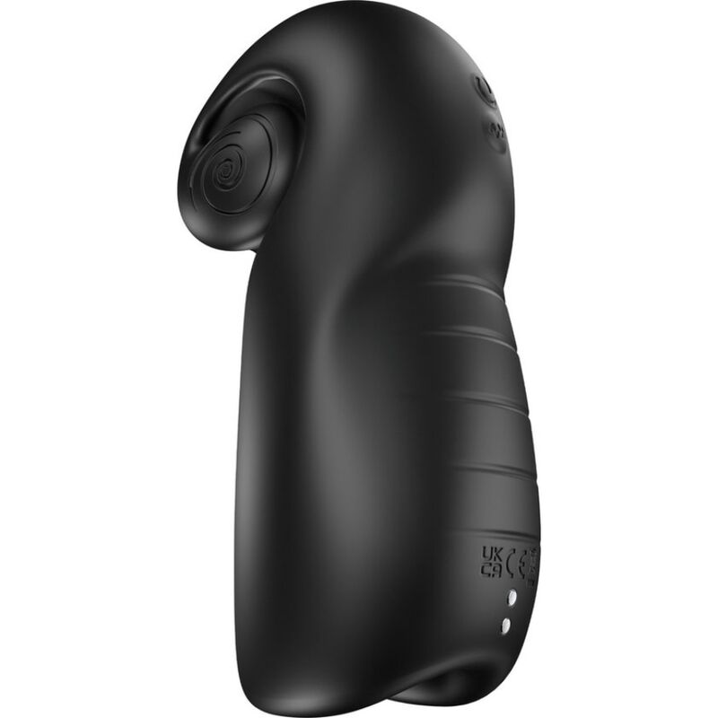Masturbateur masculin SVibe noir vu de profil, coquille escargot et corps texture avec boutons, silicone souple vibrant etanche, recharge magnetique, forme stylisee moderne.