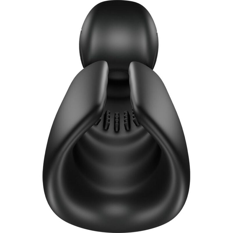 Masturbateur masculin SVibe noir vu de face, large ouverture nervuree logee dans une coque escargot, silicone souple vibrant et etanche, design stylise non realiste.