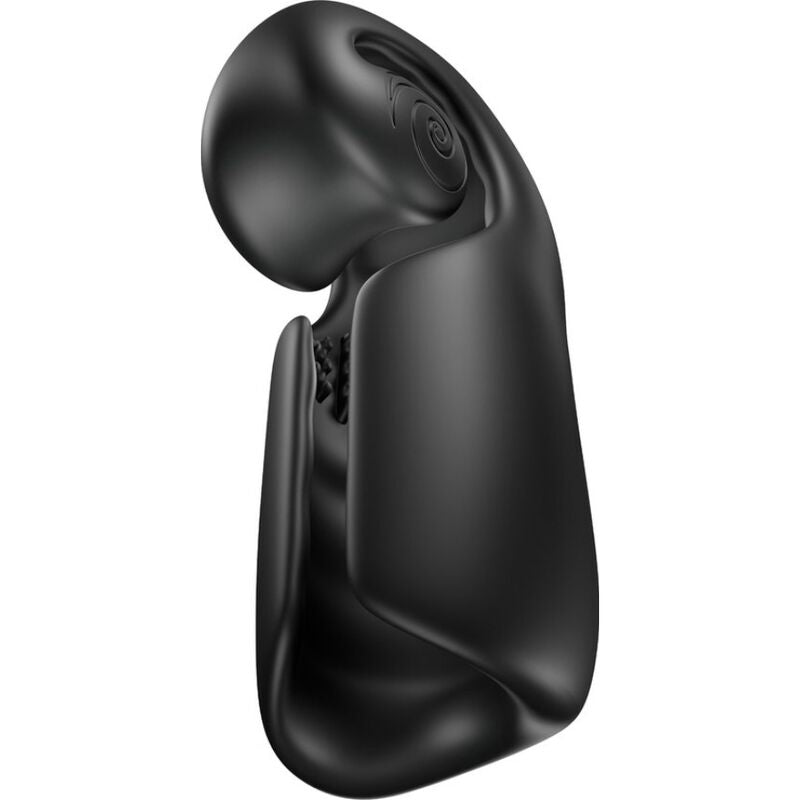 Masturbateur masculin SVibe noir de profil, coque escargot a spirale et corps galbe, silicone doux vibrant et etanche, recharge magnetique, design fantaisie compact.