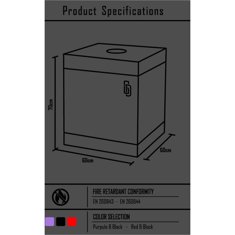 Fiche de specifications techniques Secret Dome avec schema cote de la cabine, dimensions, conformite anti-feu et choix de coloris violet ou rouge