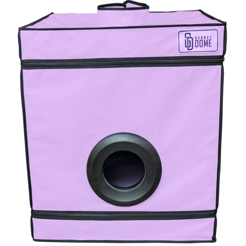 Cabine de jeu Secret Dome violet et noir de face en rendu illustre, orifice circulaire frontal cercle de gris et plateau superieur a contour noir
