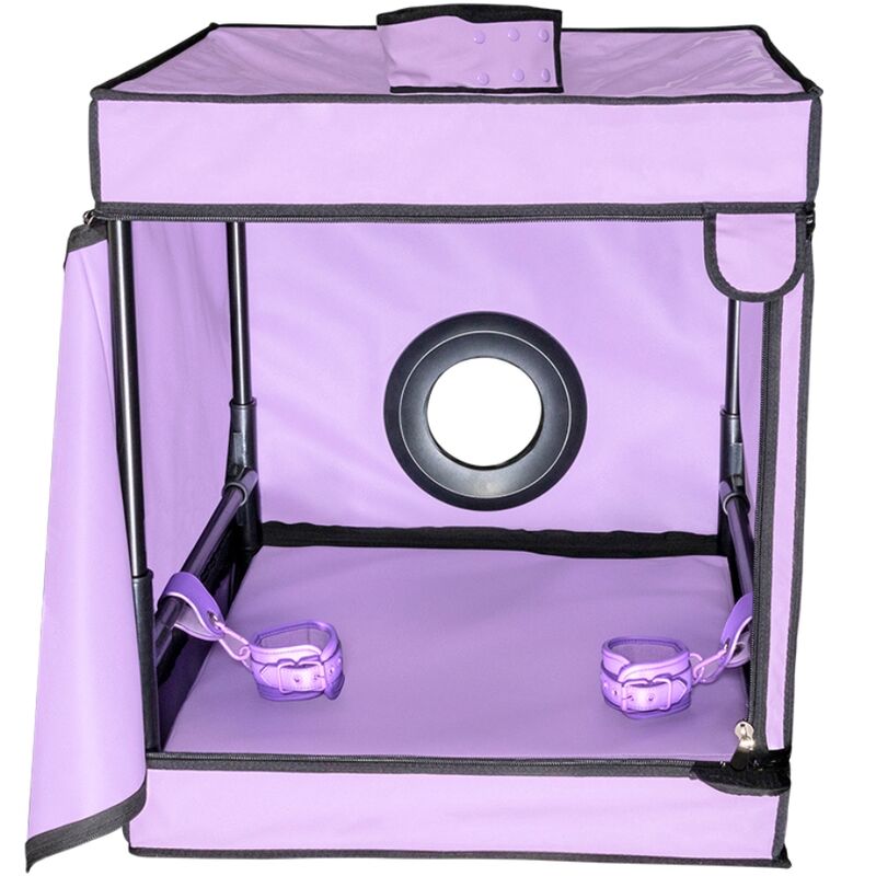 Cabine de jeu violette avec pinces de maintien et LED — détail produit