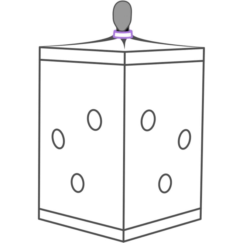 Schema au trait de la grande cabine Secret Dome vide montrant l'emplacement des ouvertures circulaires sur deux faces, sans personnage
