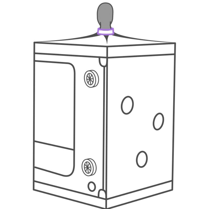 Grande cabine Secret Dome violette de profil en rendu illustre, ouvertures circulaires reparties sur la paroi et ventilateurs lateraux integres
