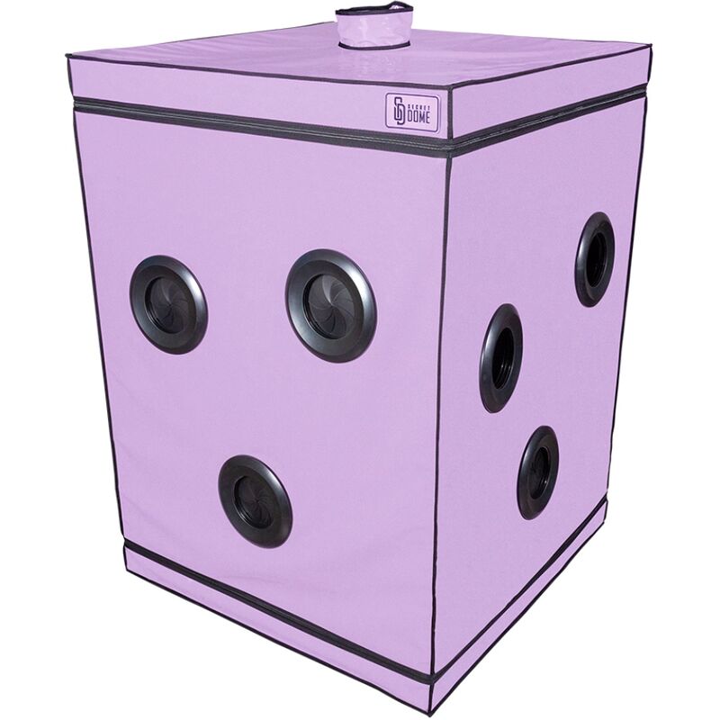 Grande cabine de jeu Secret Dome violette en rendu illustre avec de nombreuses ouvertures circulaires noires reparties sur les faces avant et laterale