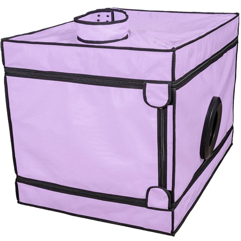 Cabine Secret Dome violette de profil en rendu illustre, ouvertures laterales cerclees, points d'attache d'angle et coutures bordees de noir