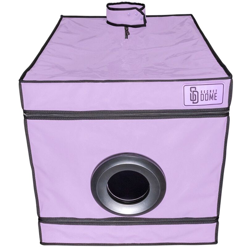 Cabine de contention Secret Dome violette de face en rendu illustre, orifice circulaire frontal cercle de gris et plateau superieur a contour noir