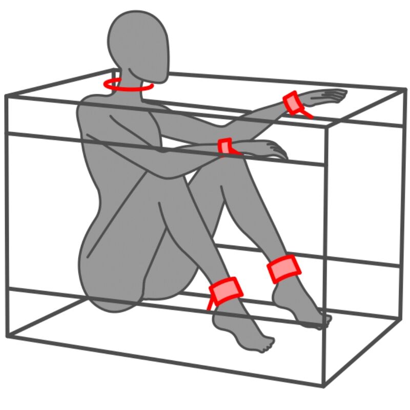 Schema technique au trait montrant un mannequin gris assis dans la cabine cubique Secret Dome, poignets et chevilles maintenus aux parois par attaches rouges