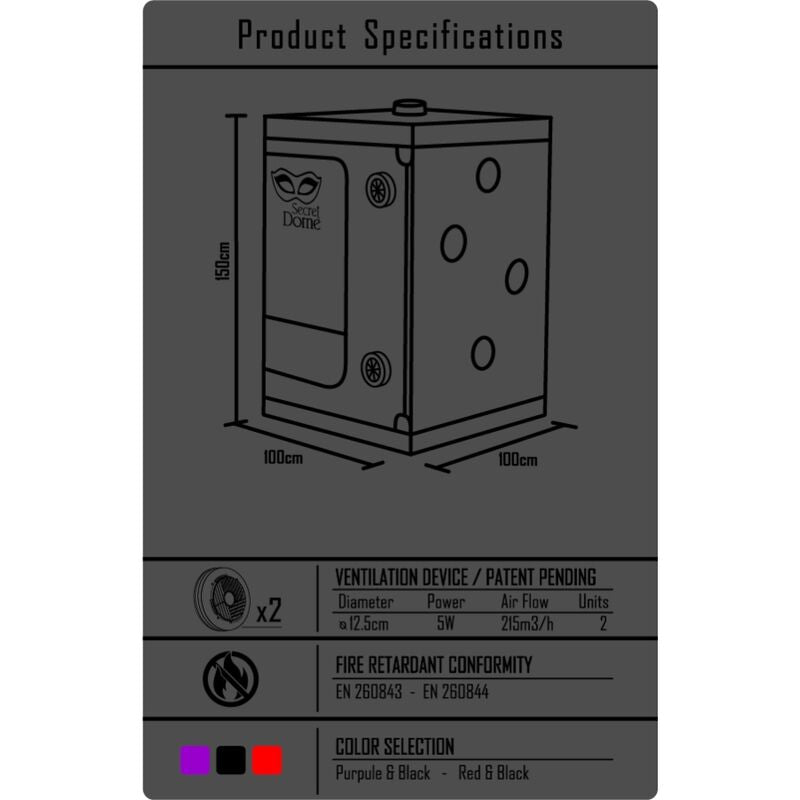 Fiche de specifications techniques Secret Dome avec schema cote de la grande cabine, dimensions, dispositif de ventilation et choix de coloris