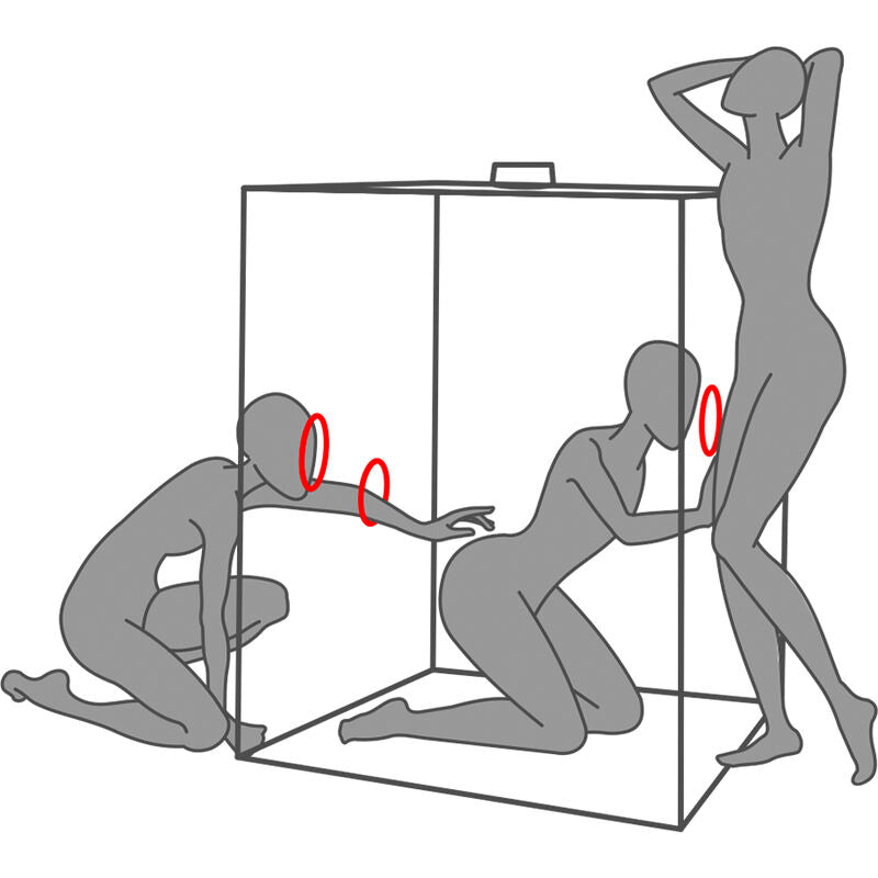 Schema au trait de deux mannequins gris pres de la grande cabine Secret Dome, illustrant l'usage des ouvertures laterales cerclees de rouge