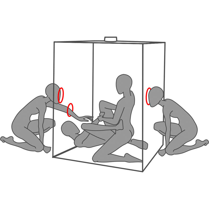 Illustration au trait avec plusieurs mannequins gris autour de la grande cabine Secret Dome, mettant en scene les ouvertures d'acces cerclees rouge