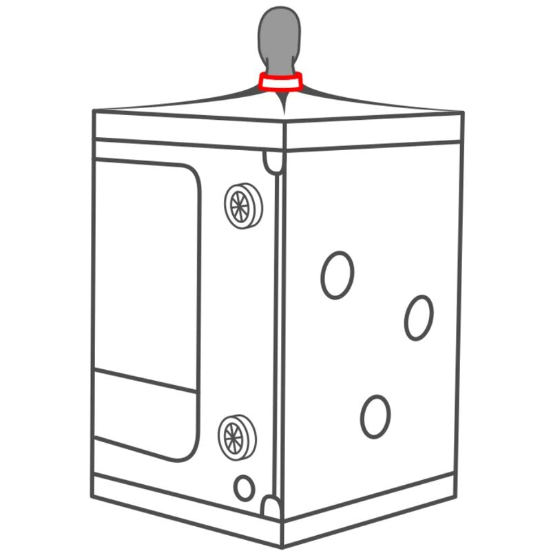 Grande cabine Secret Dome de profil en rendu illustre, ouvertures circulaires reparties, ventilateurs lateraux et collier de maintien sur le dessus