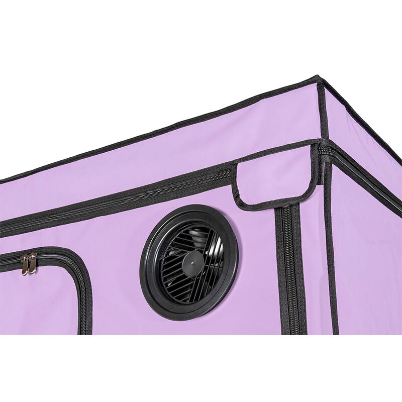Vue interieure violette de la cabine Secret Dome avec ventilateur circulaire integre a la paroi, gaine noire et armature tubulaire d'angle