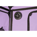 Cabine de jeu immersive violette avec serrage et LED — vue de profil 2