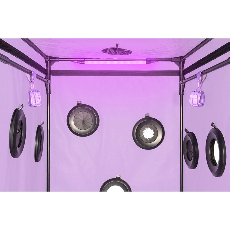 Interieur de la grande cabine Secret Dome eclaire par bandeau LED violet, multiples orifices circulaires cercles repartis sur les parois lilas