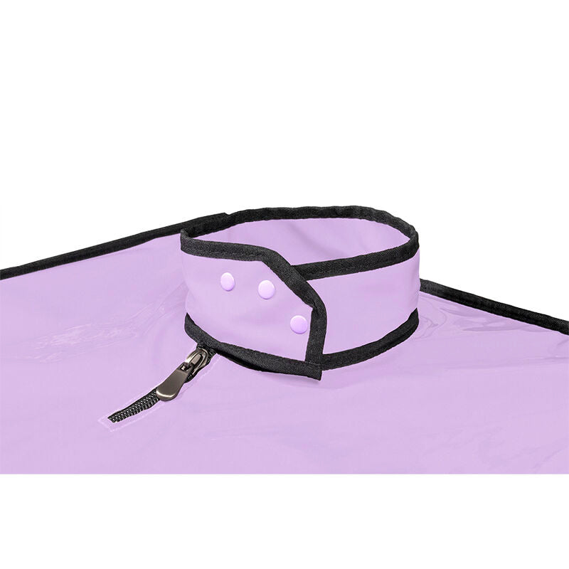 Detail du collier de maintien lilas a fermeture eclair monte sur le plateau superieur violet de la cabine Secret Dome, mousqueton visible
