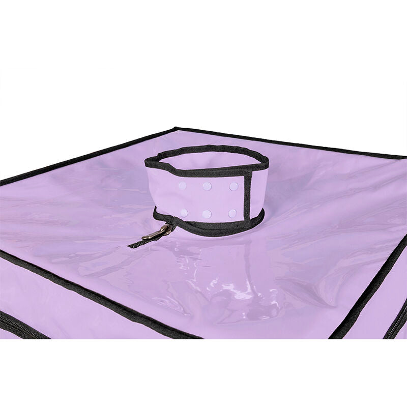 Cabine de jeu violette avec pinces de maintien et LED — détail texture surface