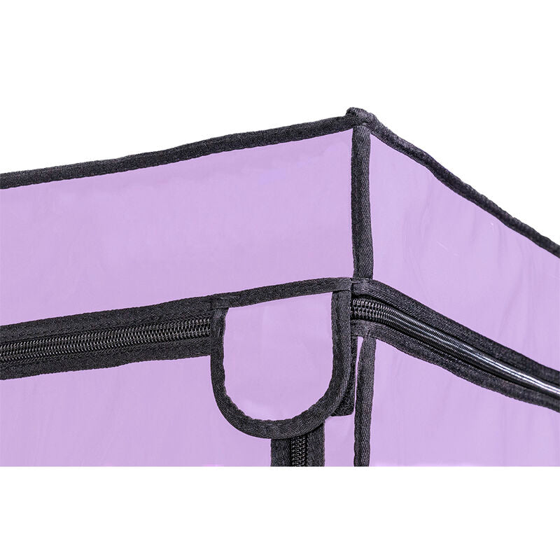 Detail d'un angle de la cabine Secret Dome violette montrant les coutures bordees noir, la fermeture eclair laterale et la paroi textile lilas