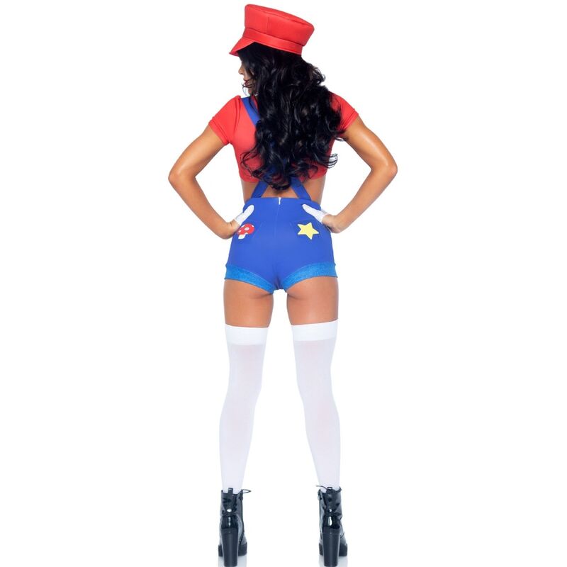 Costume plombier Leg Avenue de dos : salopette short bleue avec etoile, haut rouge, casquette rouge, bas blancs hauts, modele brune cambree en bottines.