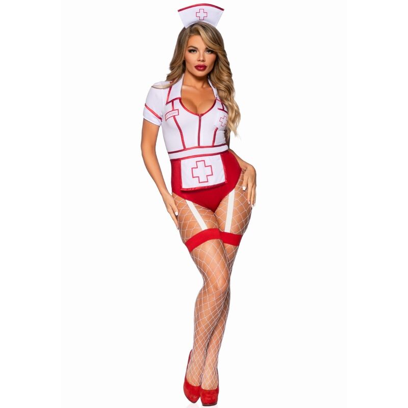 Costume infirmiere sexy Leg Avenue de profil, body blanc a croix rouge, jambes gainees de resille rouge et talons hauts coordonnes.