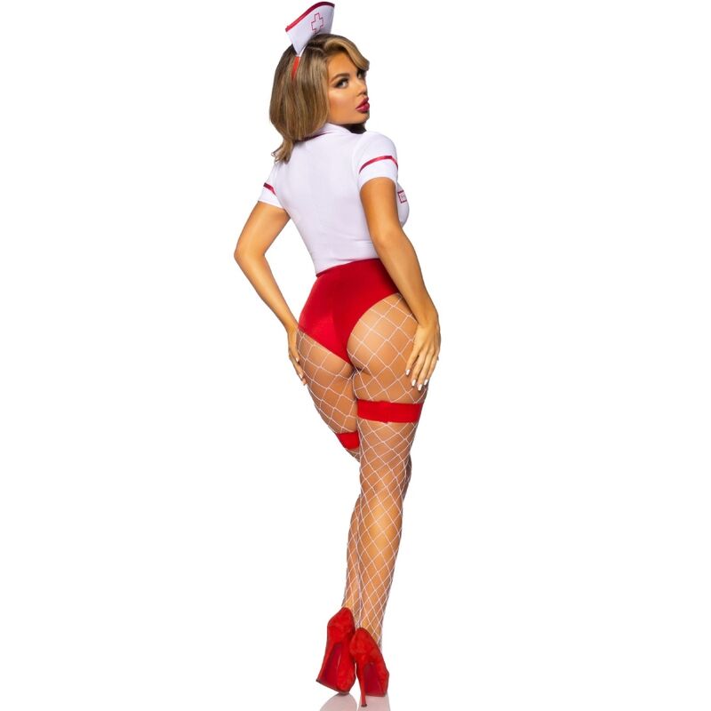 Vue de dos du costume infirmiere Leg Avenue, body tres echancre sur les fesses et bas resille rouges montant a la cuisse, escarpins rouges.