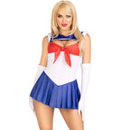 Costume marin 3 pièces body, jupe plissée et gants — vue principale