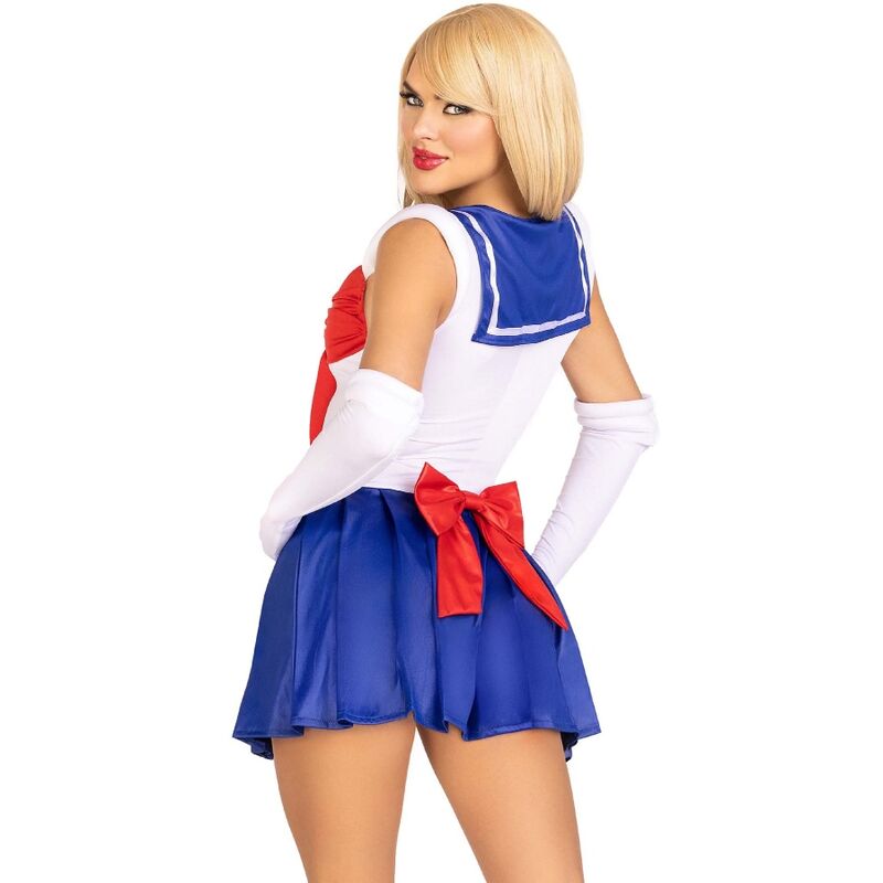 Costume marin Leg Avenue vu de dos en gros plan : jupe plissee bleue, gros noeud rouge noue, gant long blanc, sur modele blonde tournee.