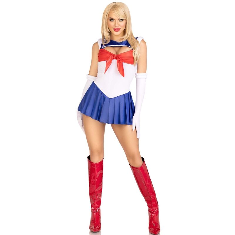 Tenue Sailor Leg Avenue de face : bustier blanc a noeud rouge, jupe plissee bleue et bottes vinyle rouges, gants longs blancs, modele moue boudeuse.