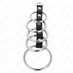 Cage penienne a anneaux d'acier superposes presentee seule sur fond blanc, gaine cockring etagee BDSM masculin en metal