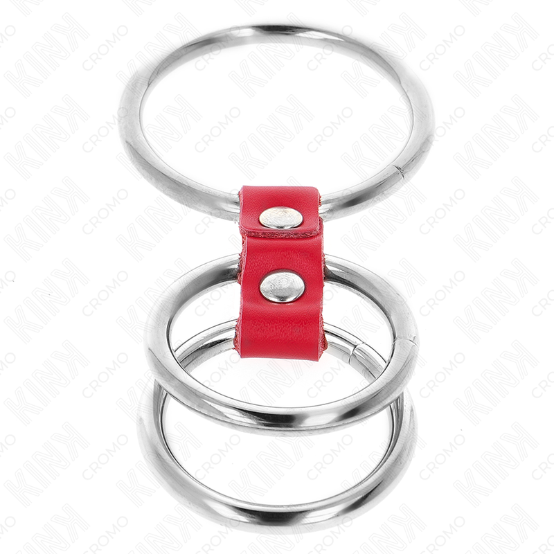 Triple anneau pénien métal et cuir rouge — vue de dos